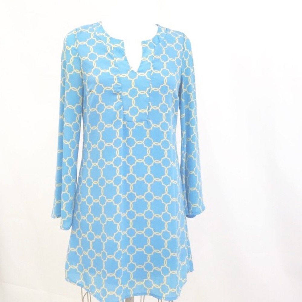 Peach Love California Light Blue & Cream Geometric Tunic Dress